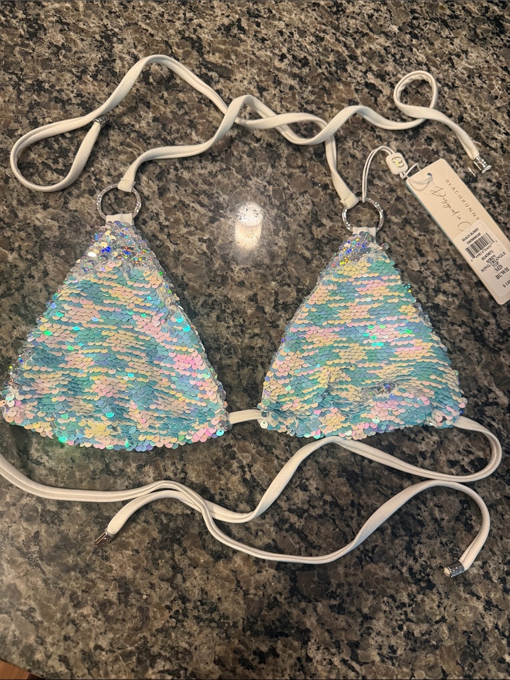Beach Bunny Iridescent Sequin Triangle Bikini Top - White Straps